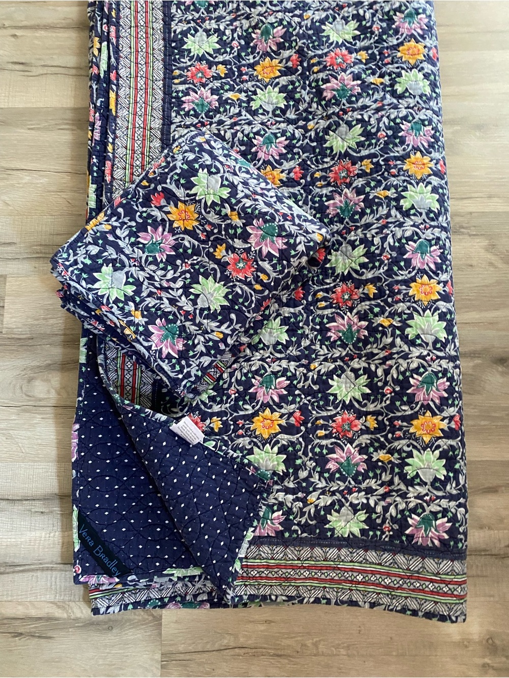 Vera Bradley Navy Floral Quilted Throw with Pink, Yellow, Green Accents